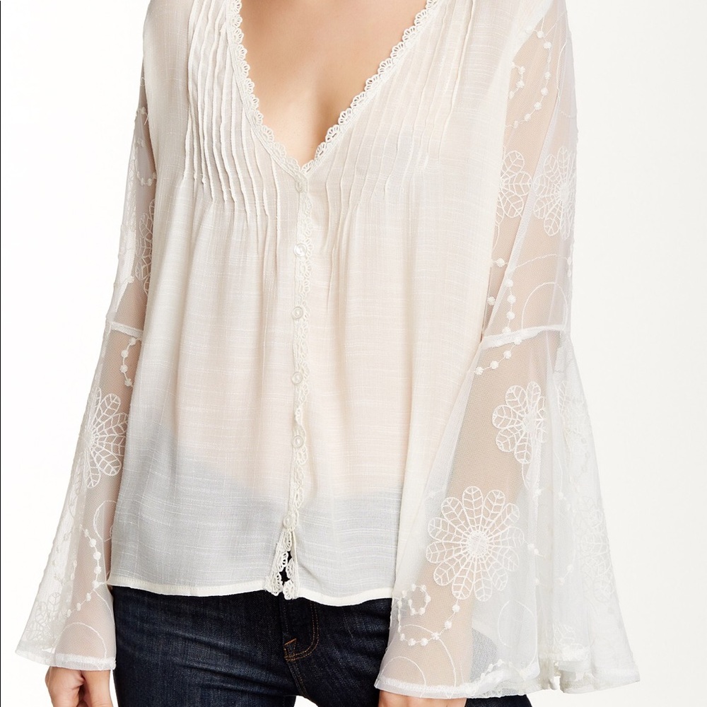 LOVE STITCH Sheer Lace Ivory Bell Sleeve Top